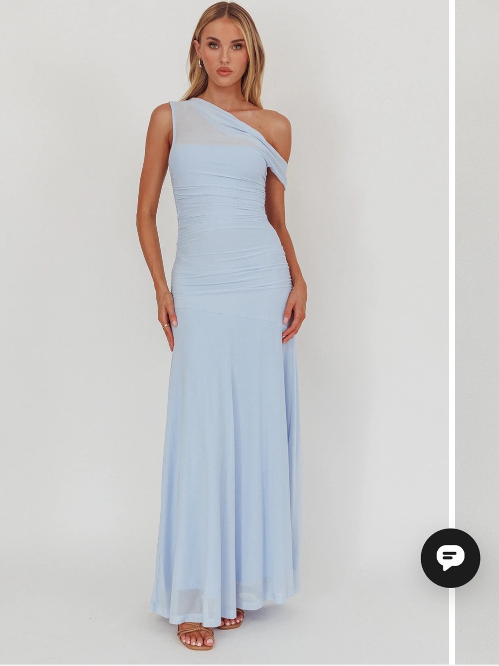 Hello Molly Asymmetric Neckline Mesh Maxi Dress Sky Blue
